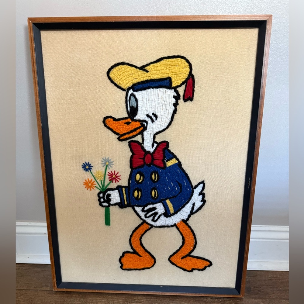 Vintage 70s Donald Duck Needlepoint Framed Photo